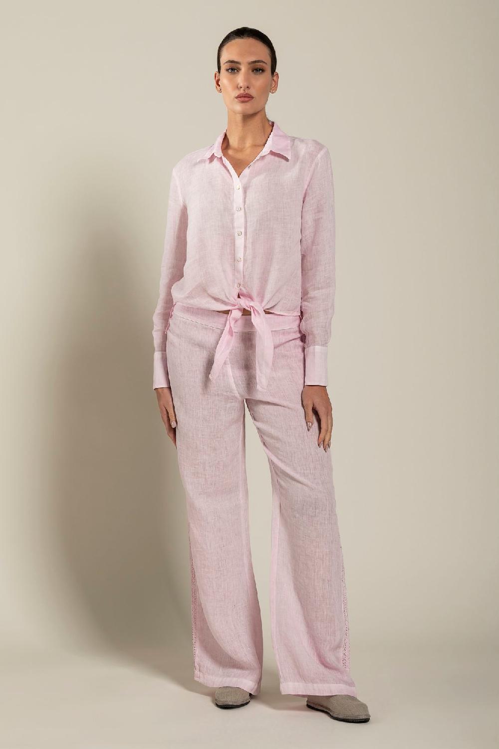 120% Lino Long Sleeve Shirt with Tie-Front Saldi