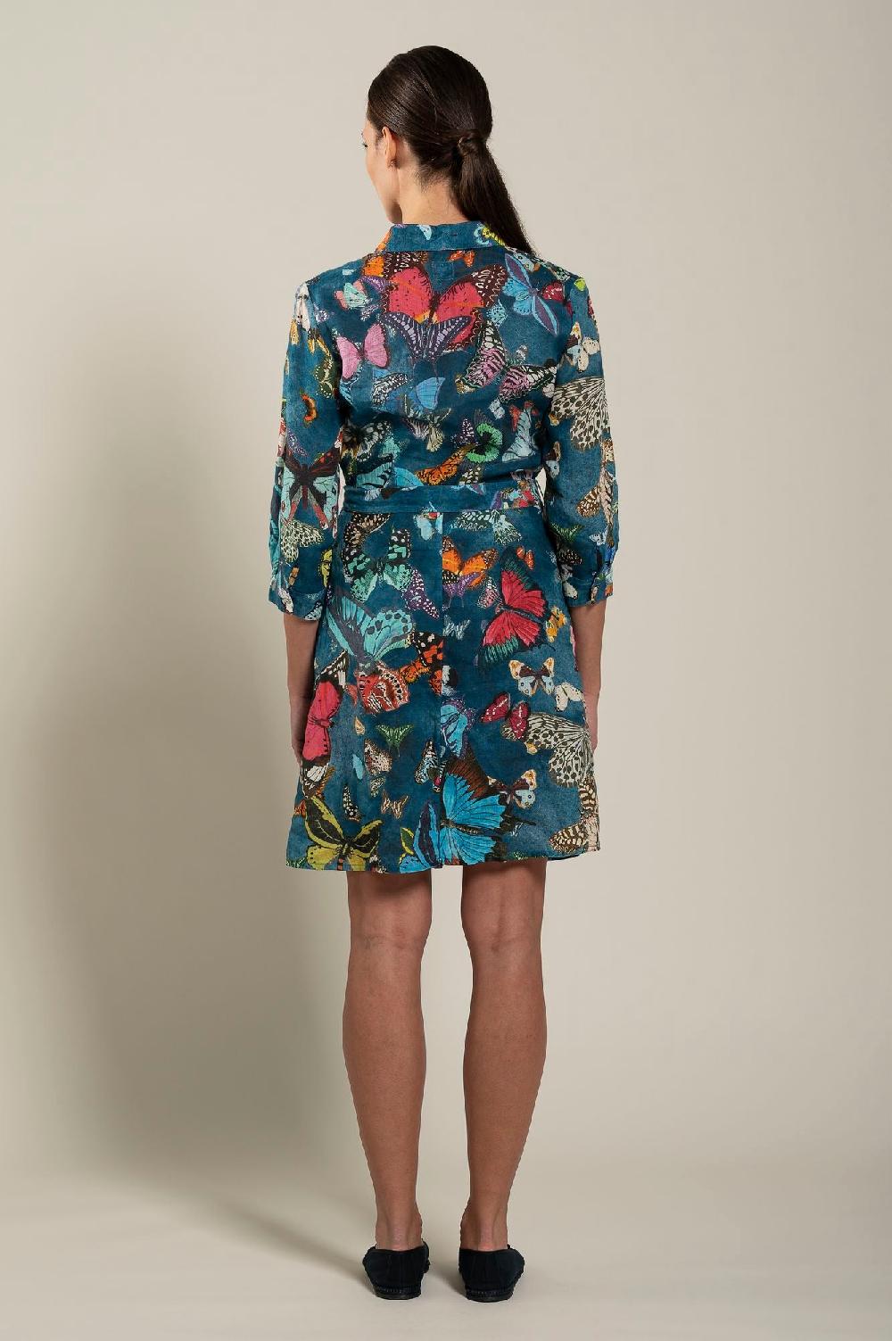 120% Lino Dress With Butterfly Printed and Belt Vendite stagionali