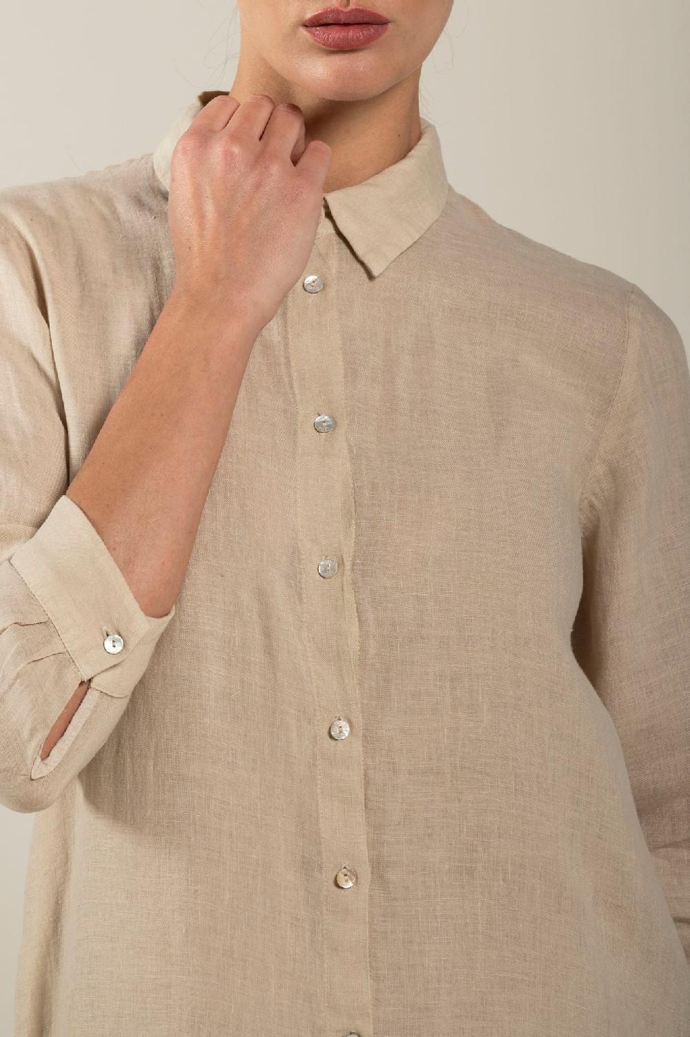 120% Lino Long Sleeve Shirt Dress with Side Slits Spedizione Gratuita