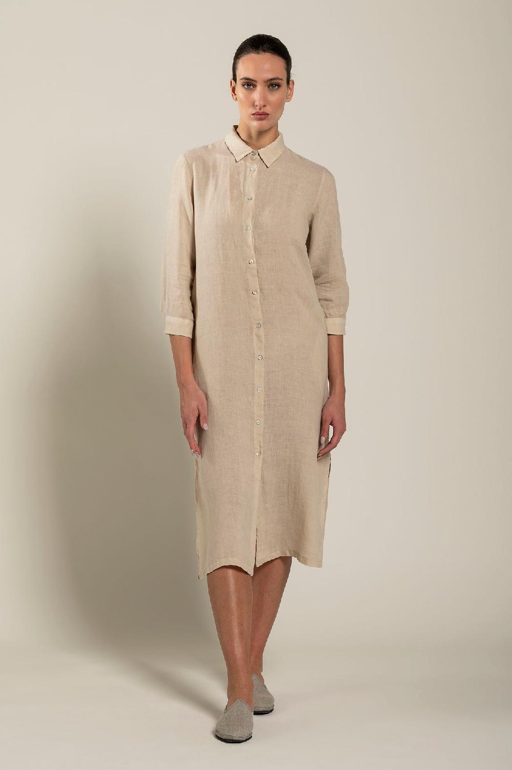 120% Lino Long Sleeve Shirt Dress with Side Slits Spedizione Gratuita