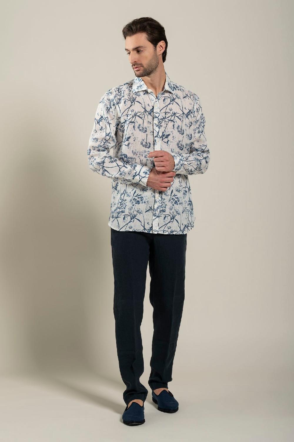 120% Lino Long Sleeve Man Slim Floral Patterned Fit Shirt Novità