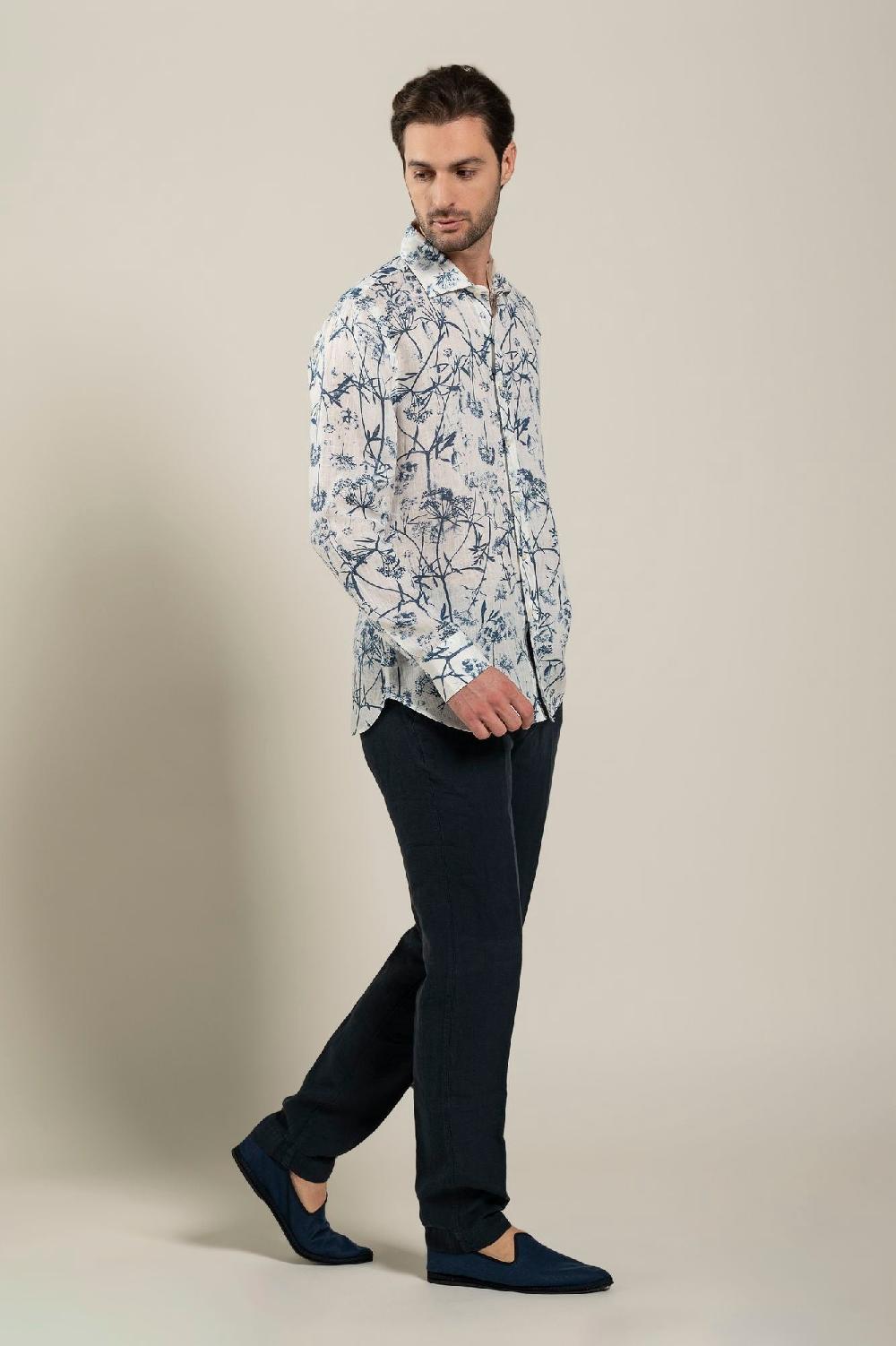 120% Lino Long Sleeve Man Slim Floral Patterned Fit Shirt Novità