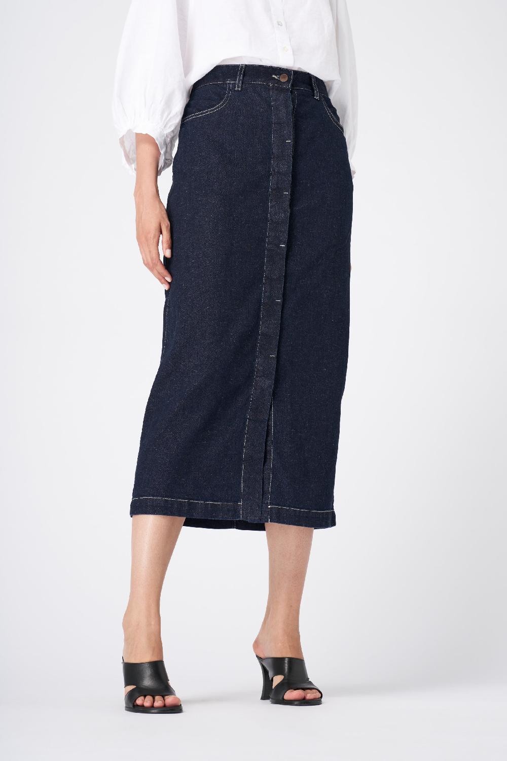 120% Lino Classic High-Waisted Denim Midi Skirt Vendita Economica