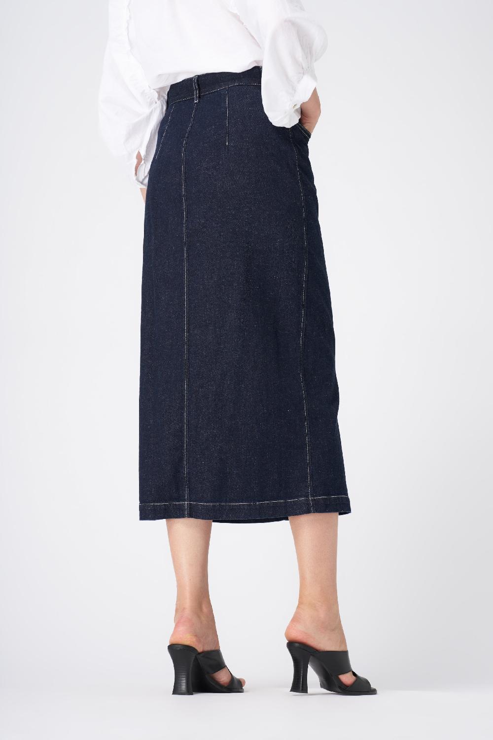 120% Lino Classic High-Waisted Denim Midi Skirt Vendita Economica