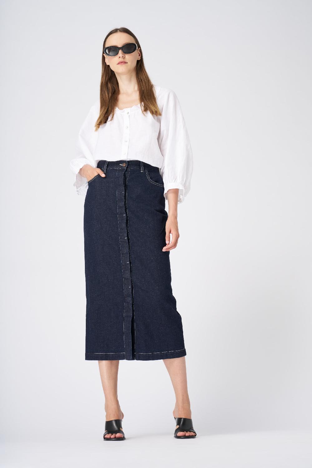 120% Lino Classic High-Waisted Denim Midi Skirt Vendita Economica