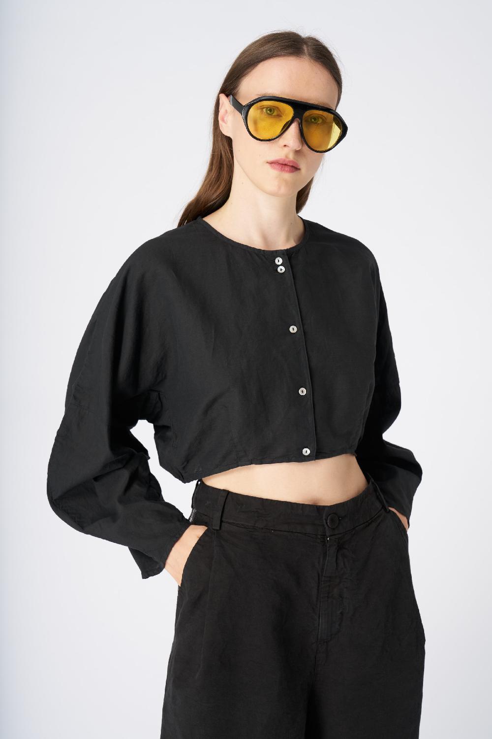 120% Lino Cropped Button-Down Linen Shirt Saldi Di Fabbrica