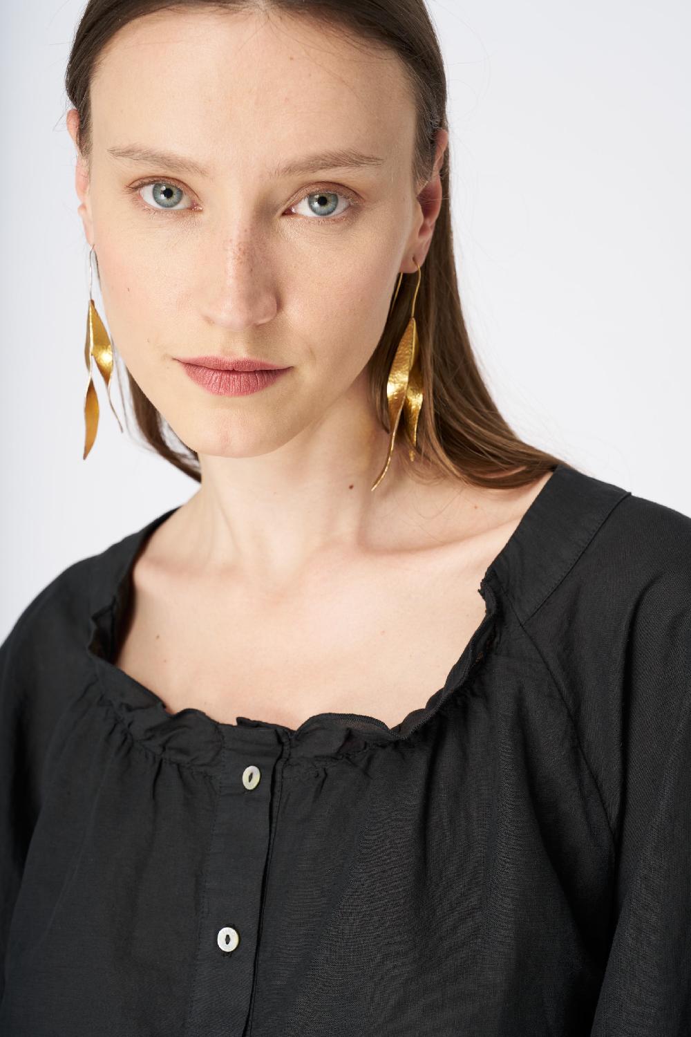 120% Lino Ruffled Neckline Linen Peasant Blouse Vendite Flash