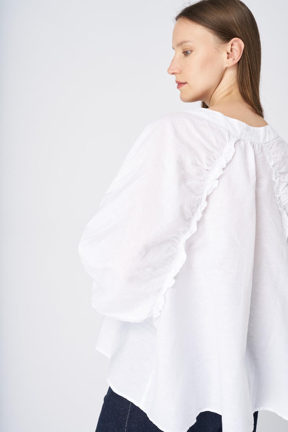 120% Lino Ruffled Neckline Linen Peasant Blouse Vendite Flash