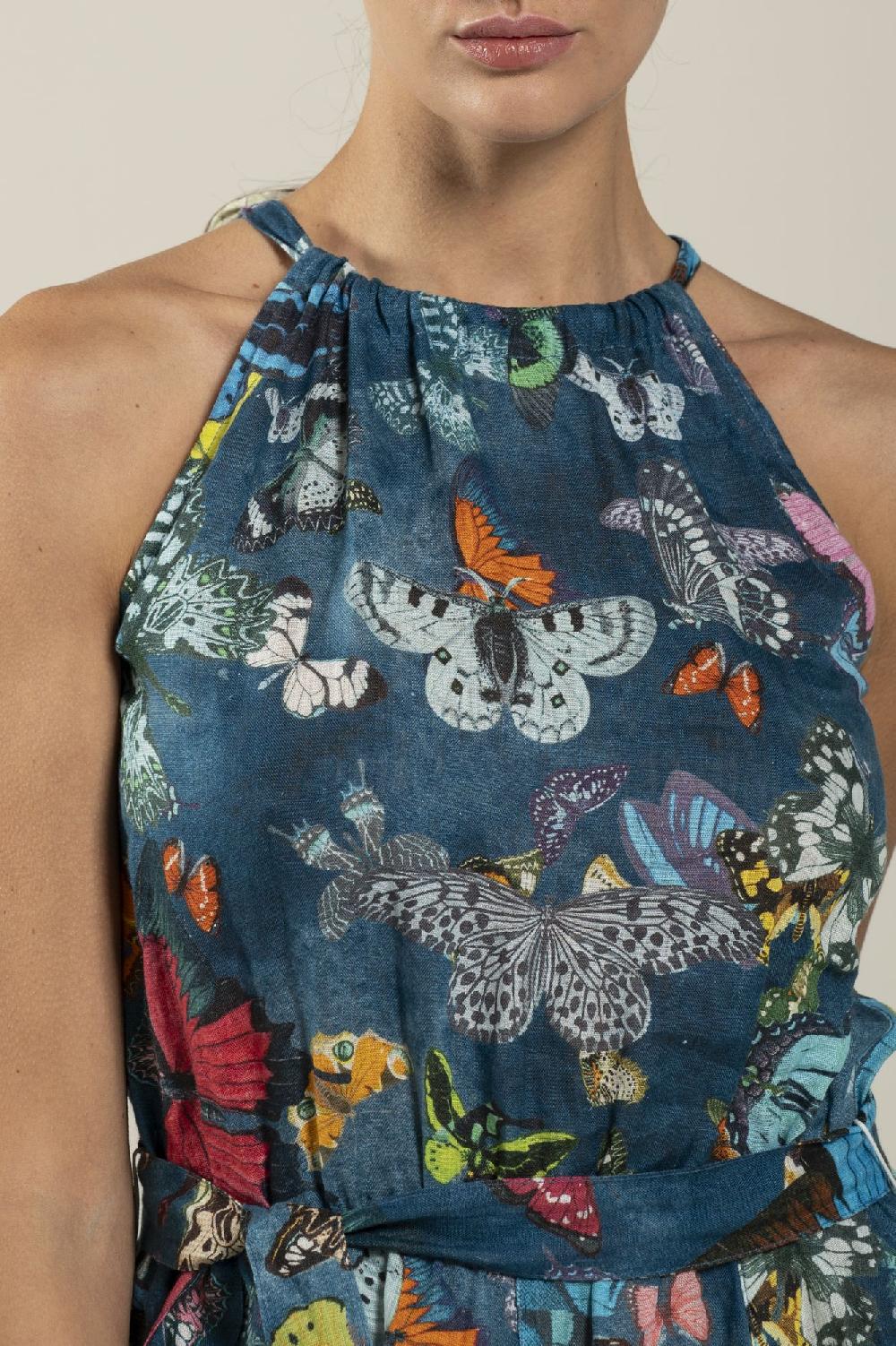 120% Lino Butterfly Print Dress Spedizione Gratuita