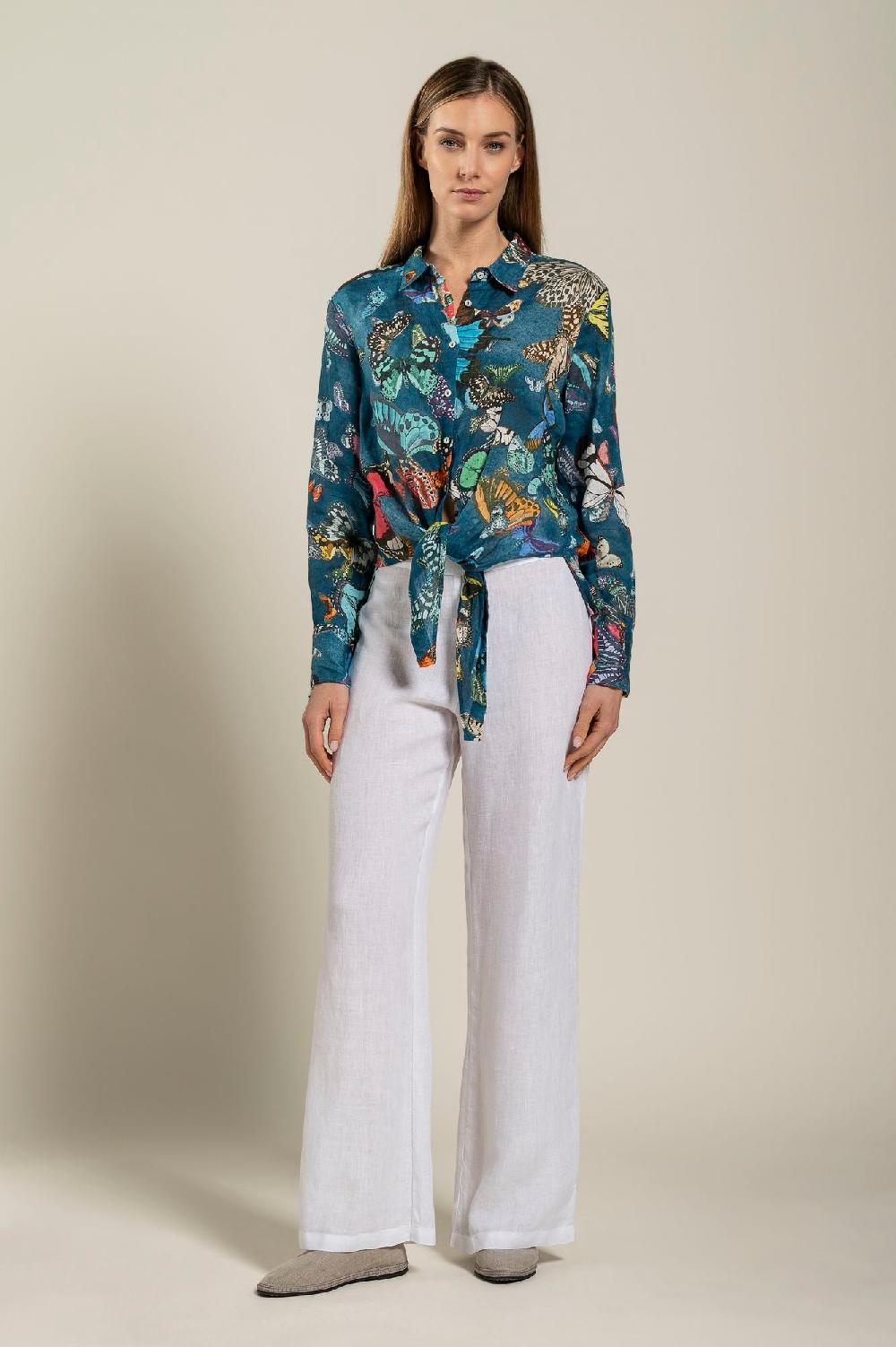120% Lino Tie-Front Butterfly Print Shirt Pezzi Unici