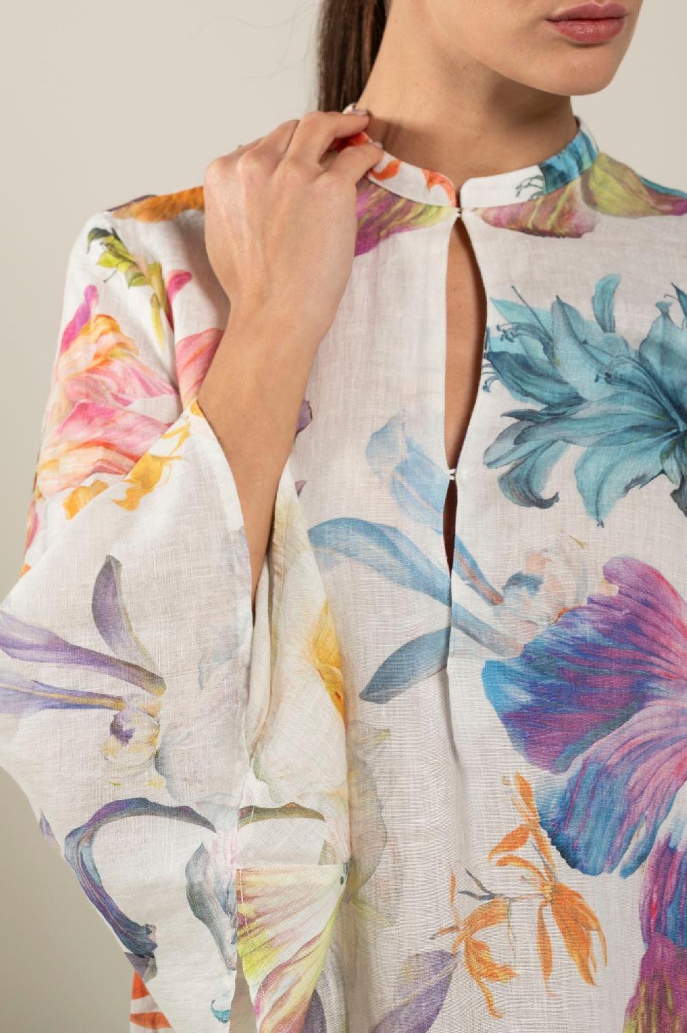 120% Lino Long Sleeve Floral Print Dress Negozi Online