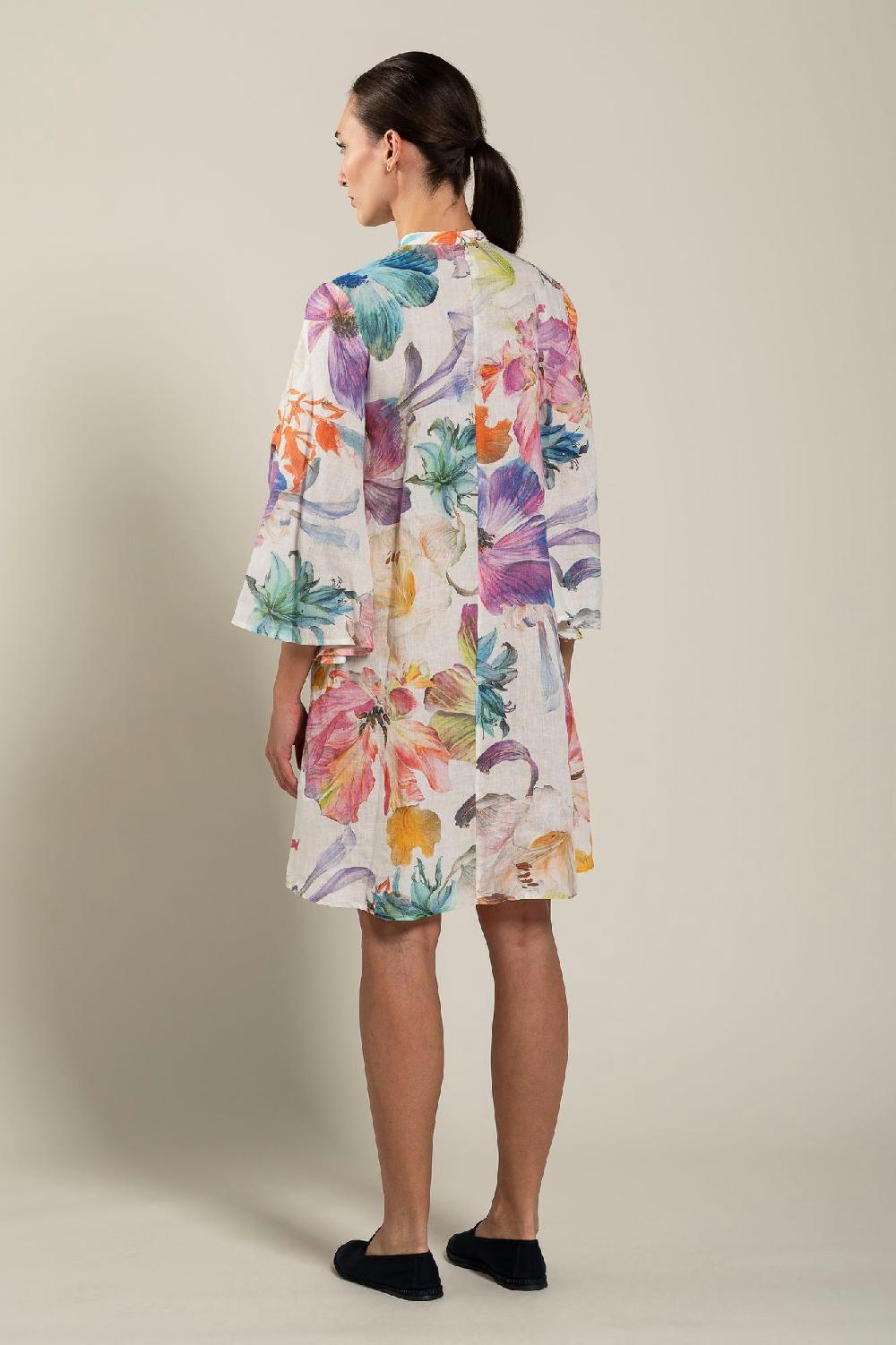 120% Lino Long Sleeve Floral Print Dress Negozi Online