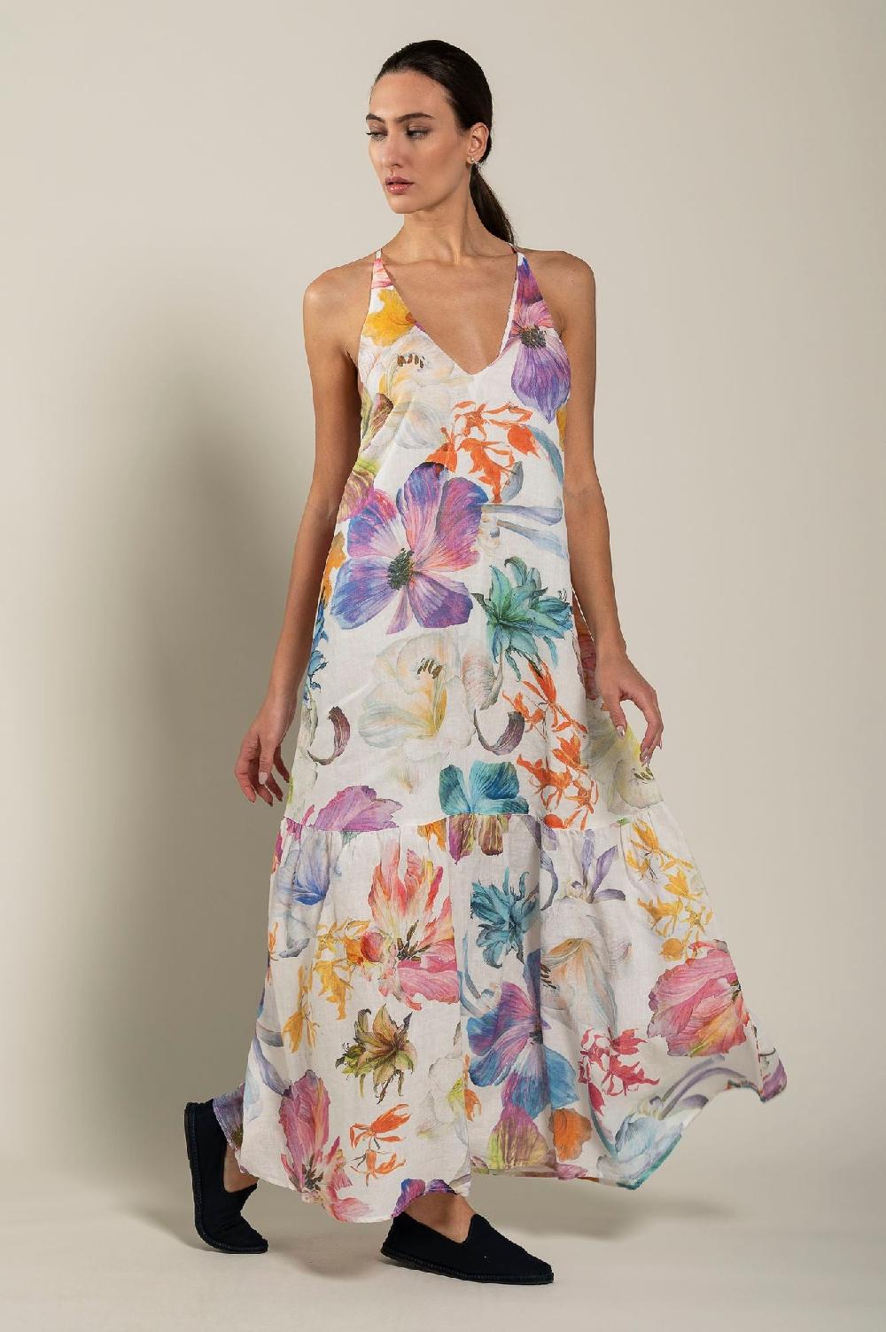 120% Lino Floral Print Maxi Dress Acquista Ora