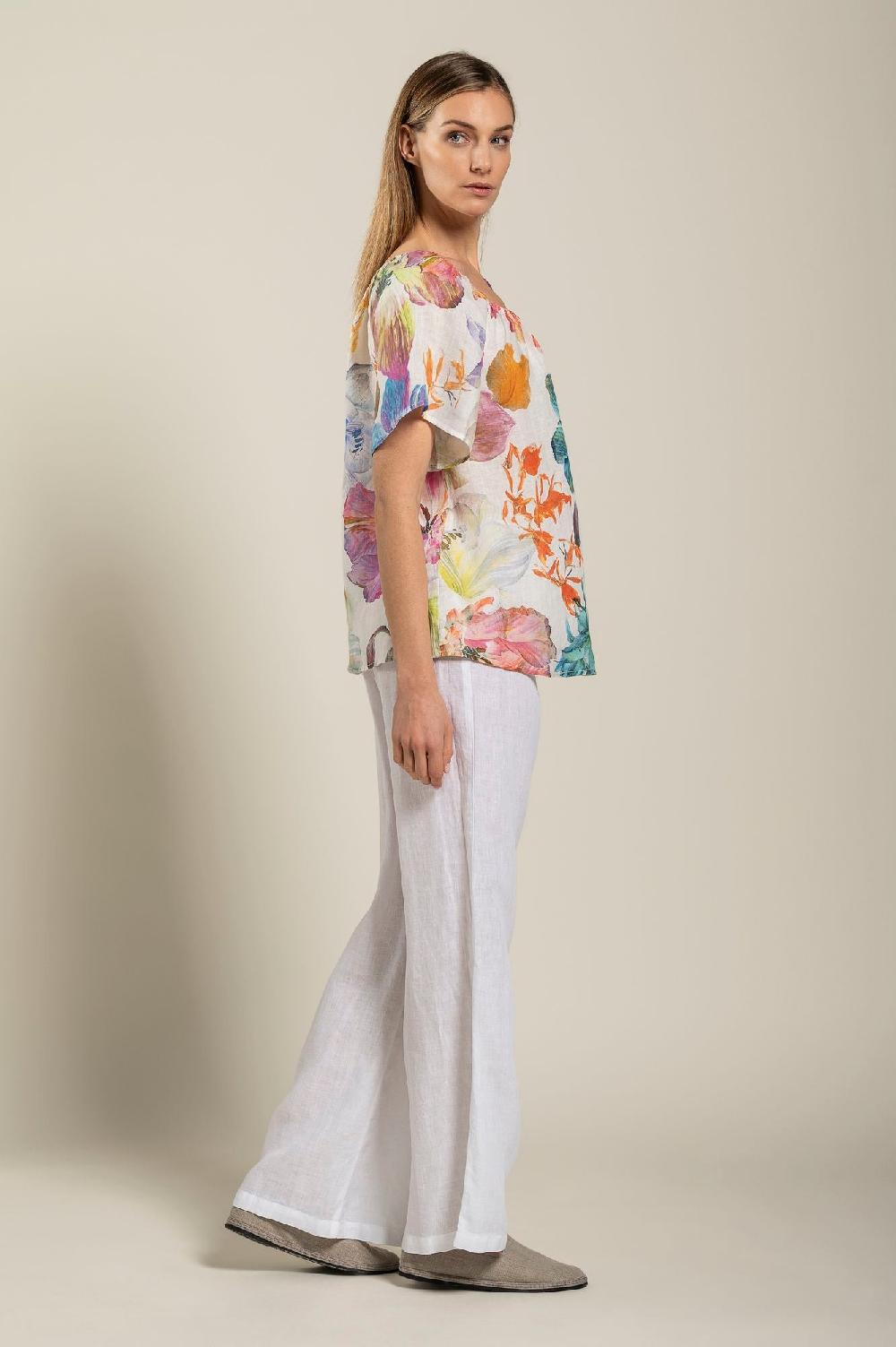 120% Lino Floral Print Women Blouse Consegna Veloce