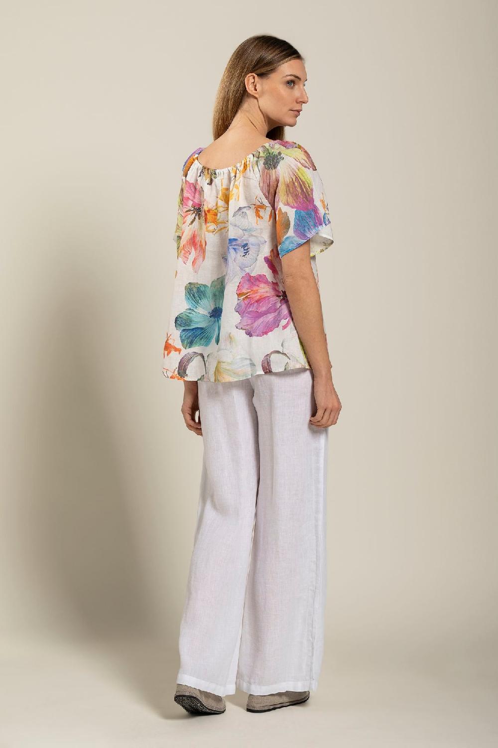 120% Lino Floral Print Women Blouse Consegna Veloce