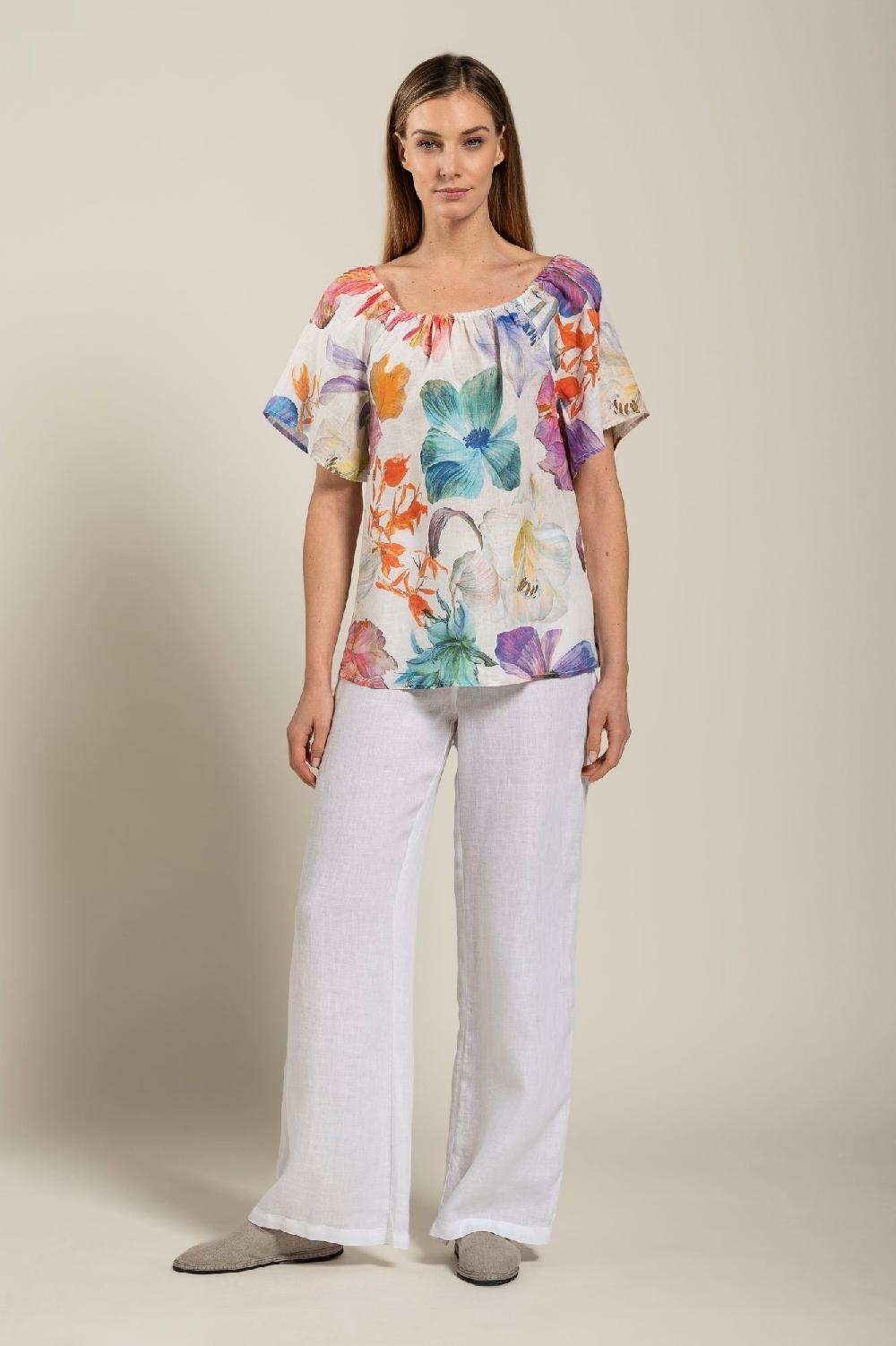 120% Lino Floral Print Women Blouse Consegna Veloce