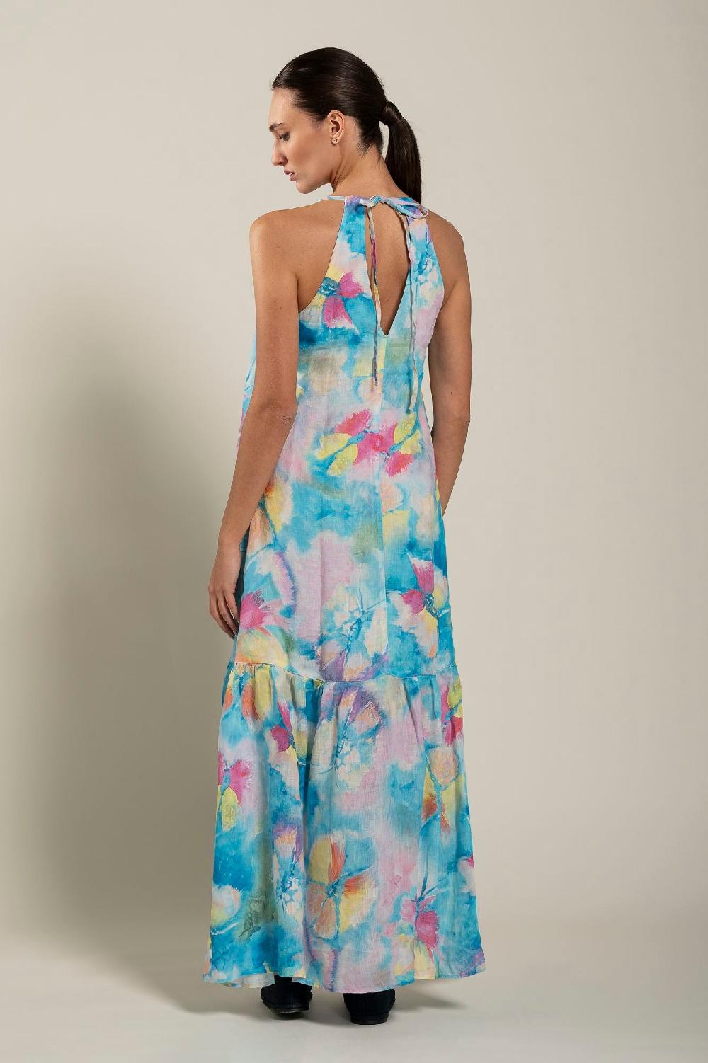 120% Lino Maxi Butterfly Print Dress Prezzo Ridotto