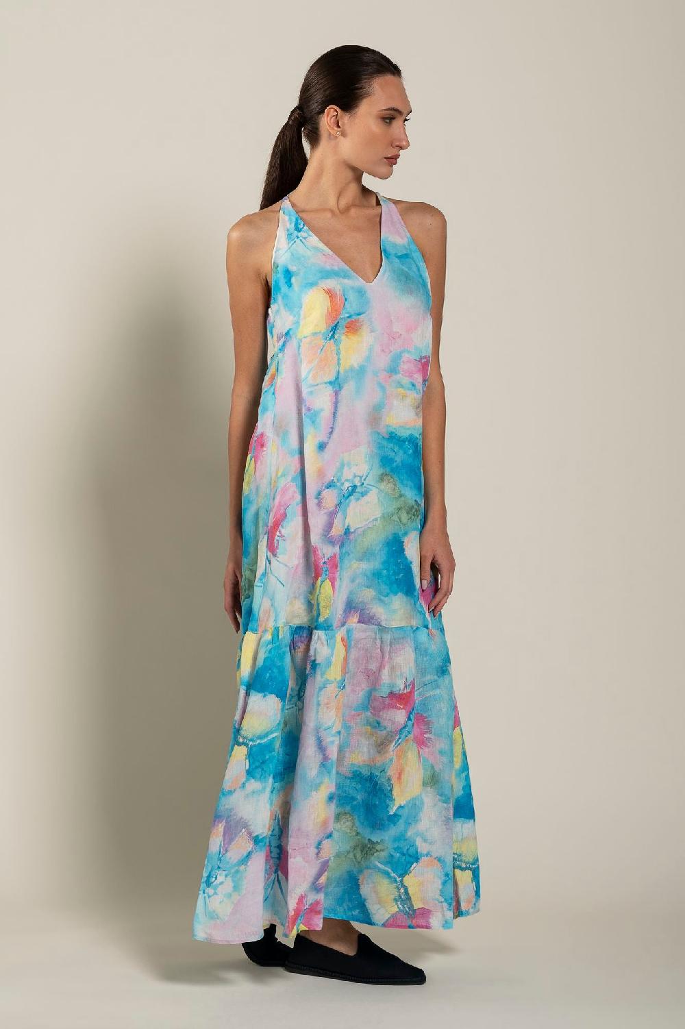 120% Lino Maxi Butterfly Print Dress Prezzo Ridotto