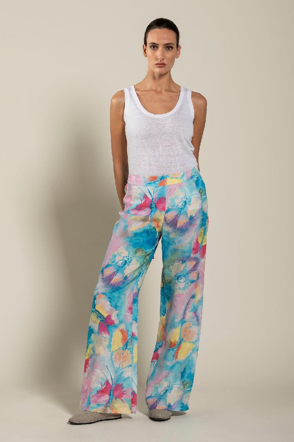 120% Lino Woman Butterfly Print Pant Convenienza