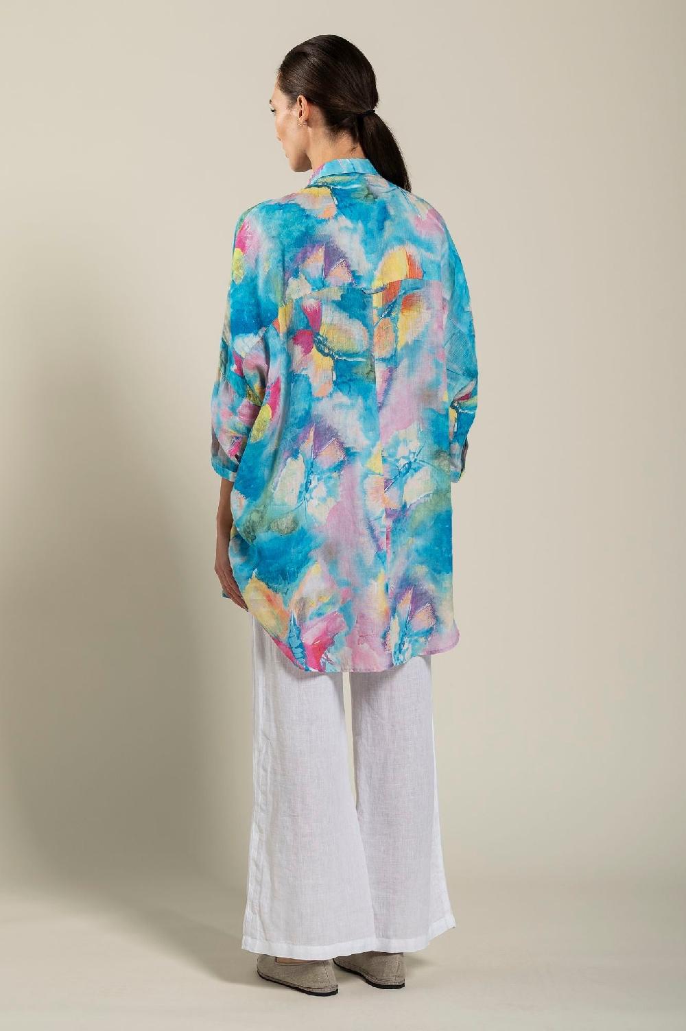 120% Lino Long Sleeve Woman Butterfly Print Shirt Presa