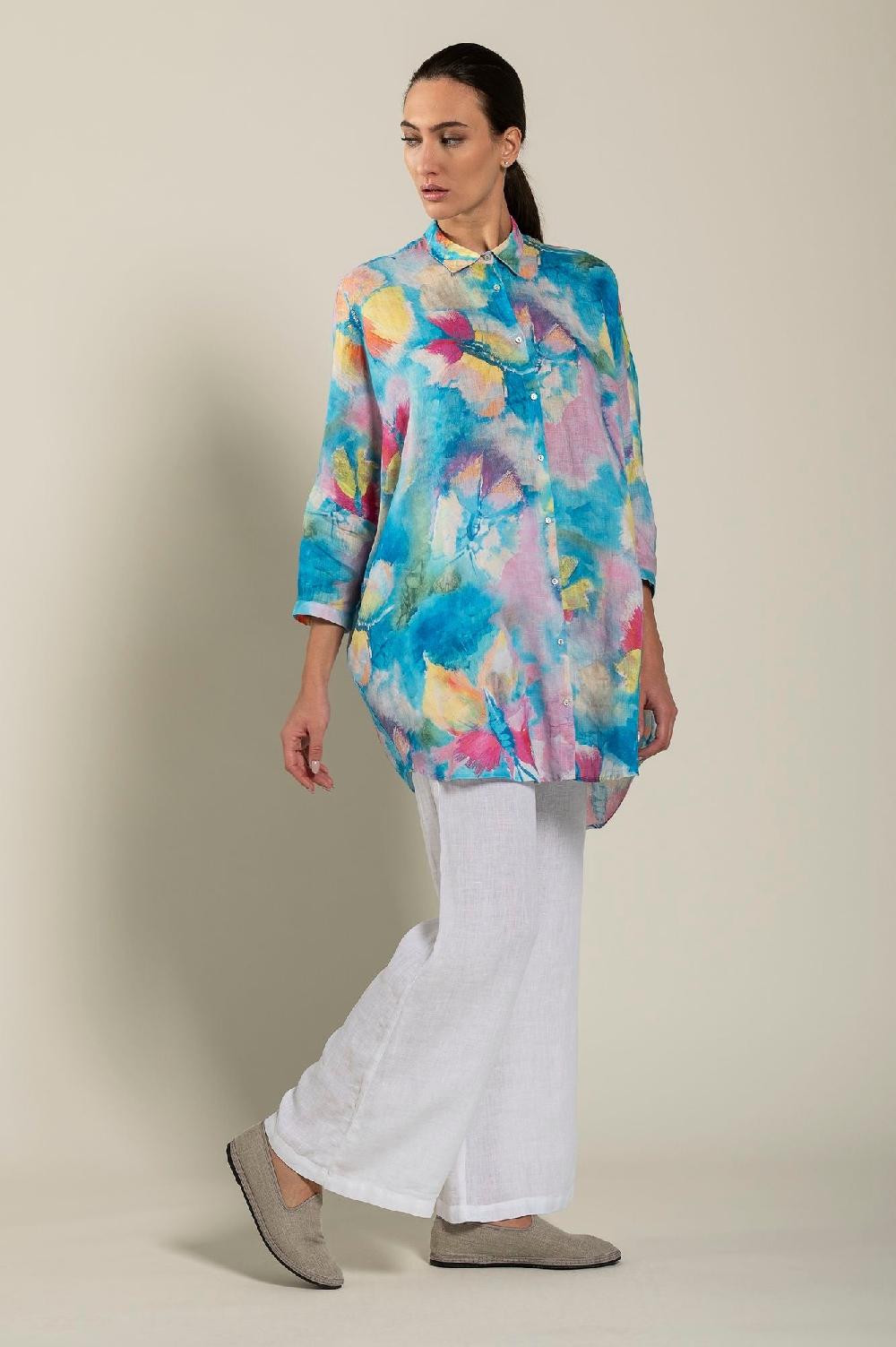 120% Lino Long Sleeve Woman Butterfly Print Shirt Presa