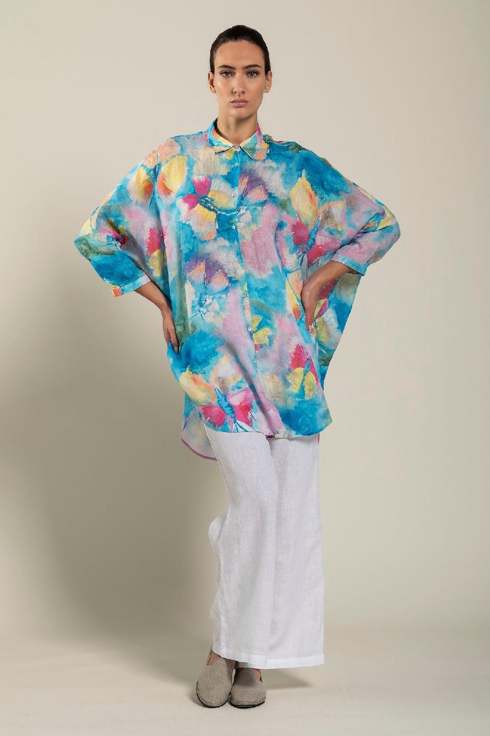 120% Lino Long Sleeve Woman Butterfly Print Shirt Presa
