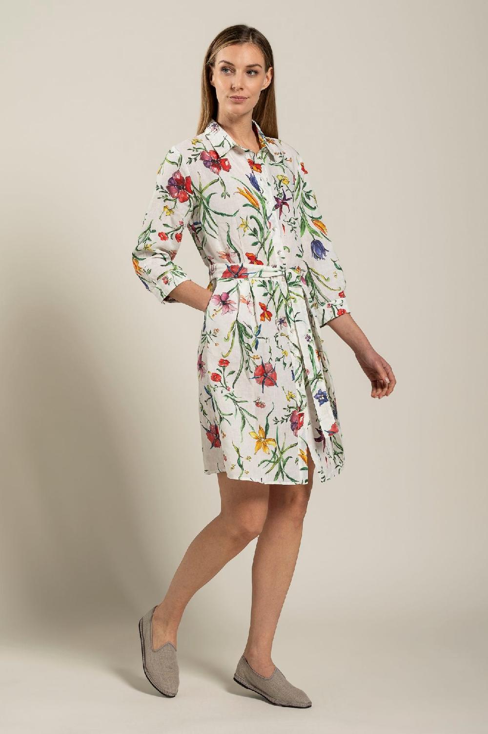 120% Lino Woman Provance Print Dress With Belt Vendita Calda