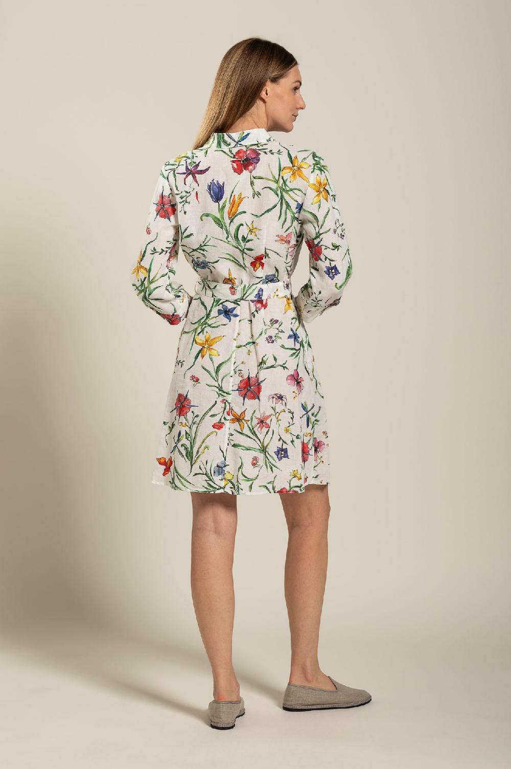 120% Lino Woman Provance Print Dress With Belt Vendita Calda