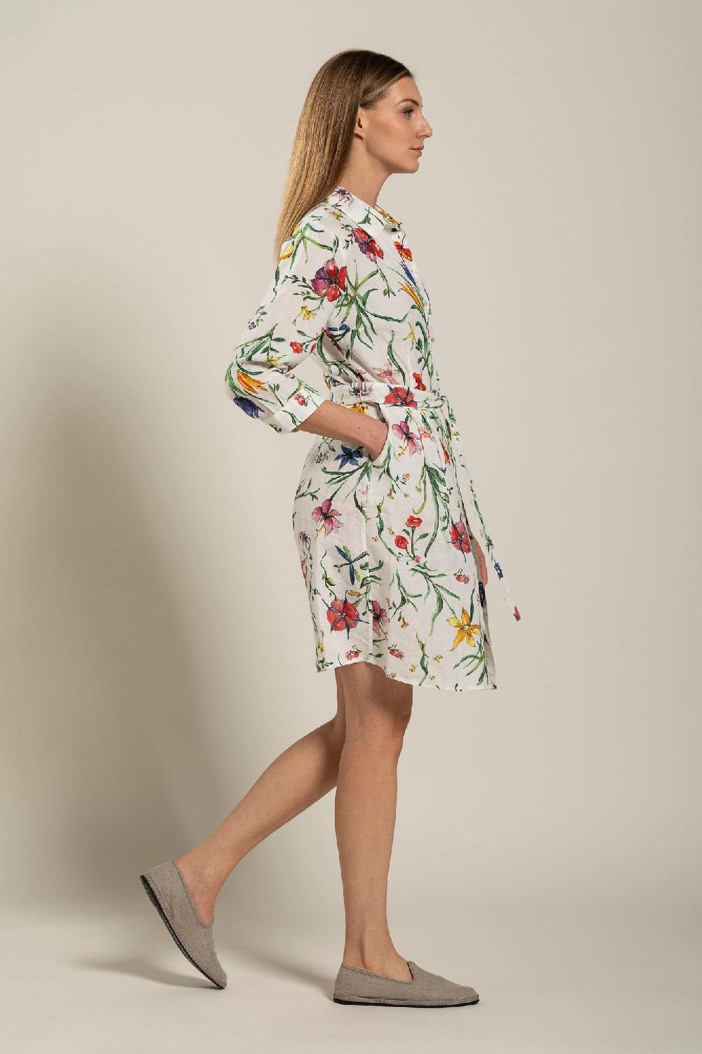 120% Lino Woman Provance Print Dress With Belt Vendita Calda