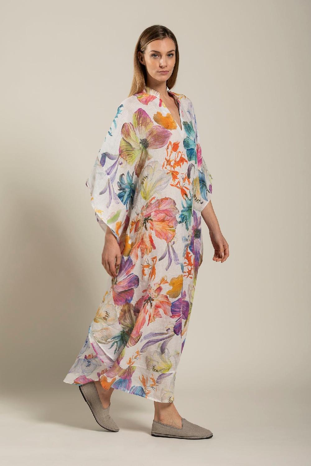 120% Lino Floral Print Kaftano Vendita Economica
