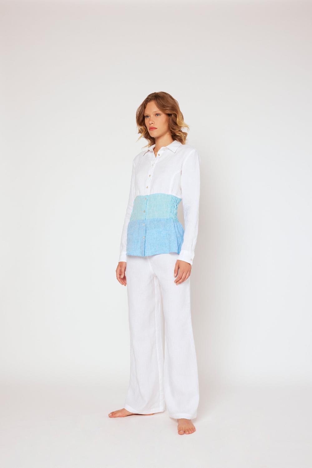120% Lino Yarn-dyed linen blouse White/Blue Italy