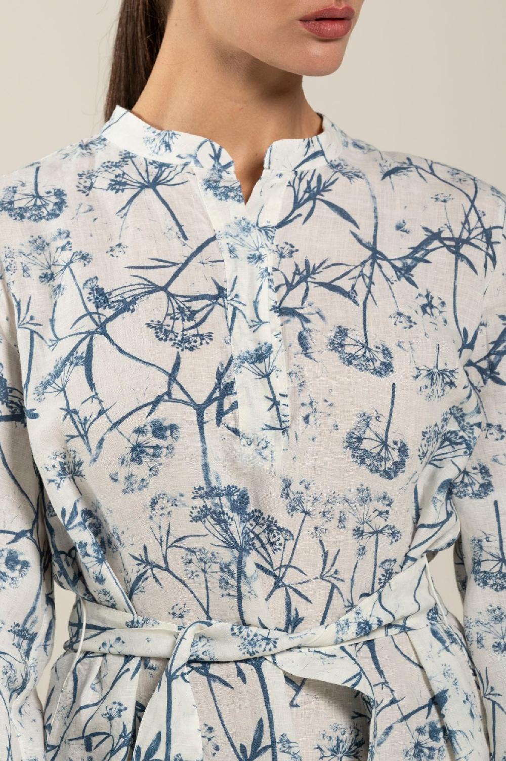 120% Lino Long Sleeve Woman Floral Patterned Dress With Belt Spedizione Gratuita