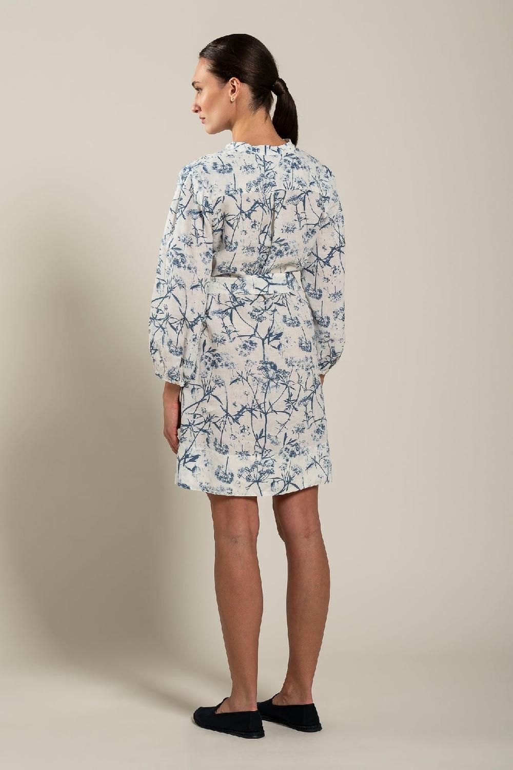 120% Lino Long Sleeve Woman Floral Patterned Dress With Belt Spedizione Gratuita