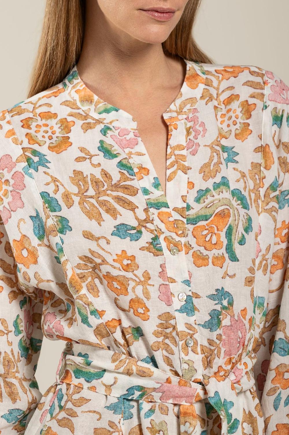 120% Lino Colorful Floral Patterned Dress With Belt Soddisfazione Garantita