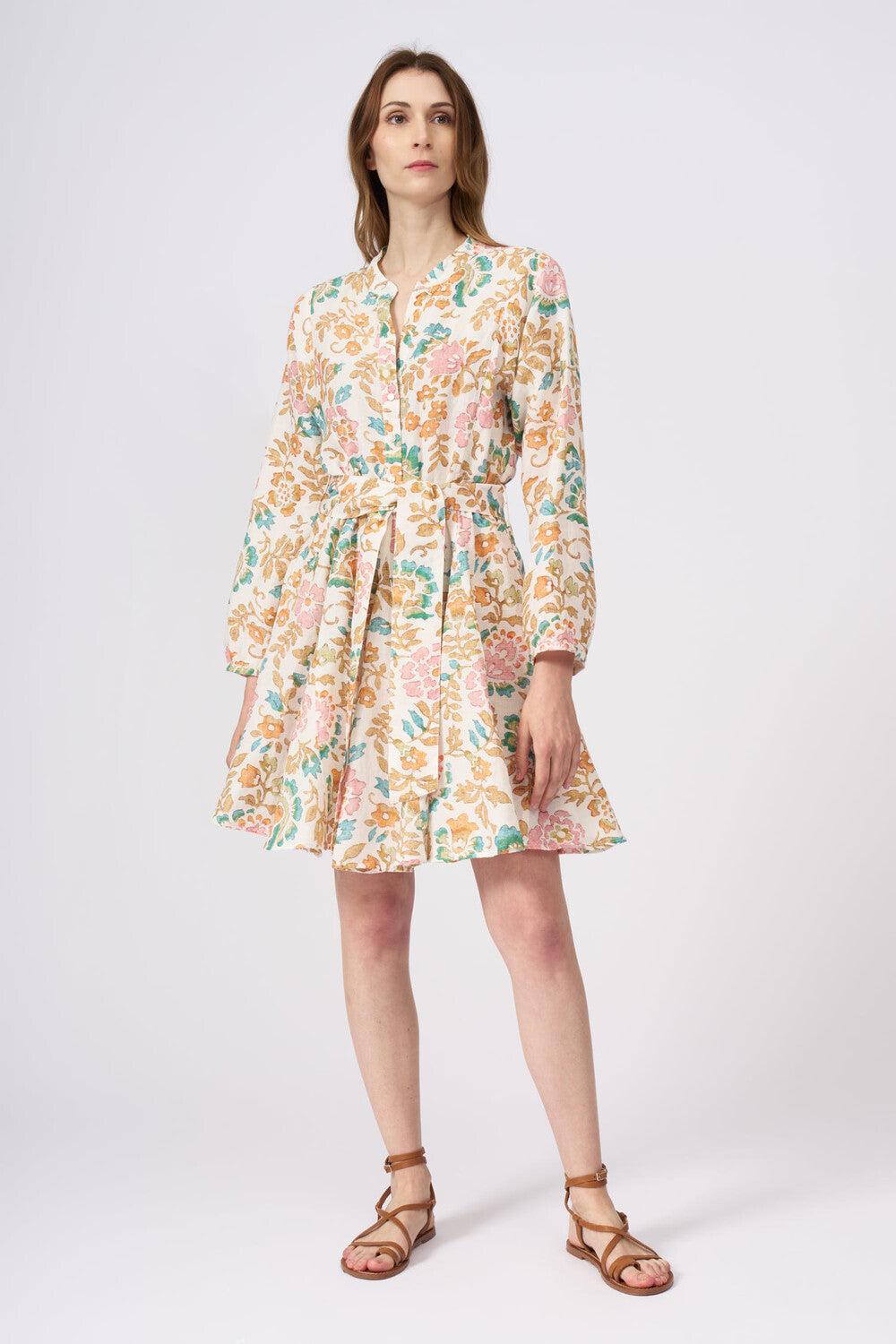 120% Lino Colorful Floral Patterned Dress With Belt Soddisfazione Garantita