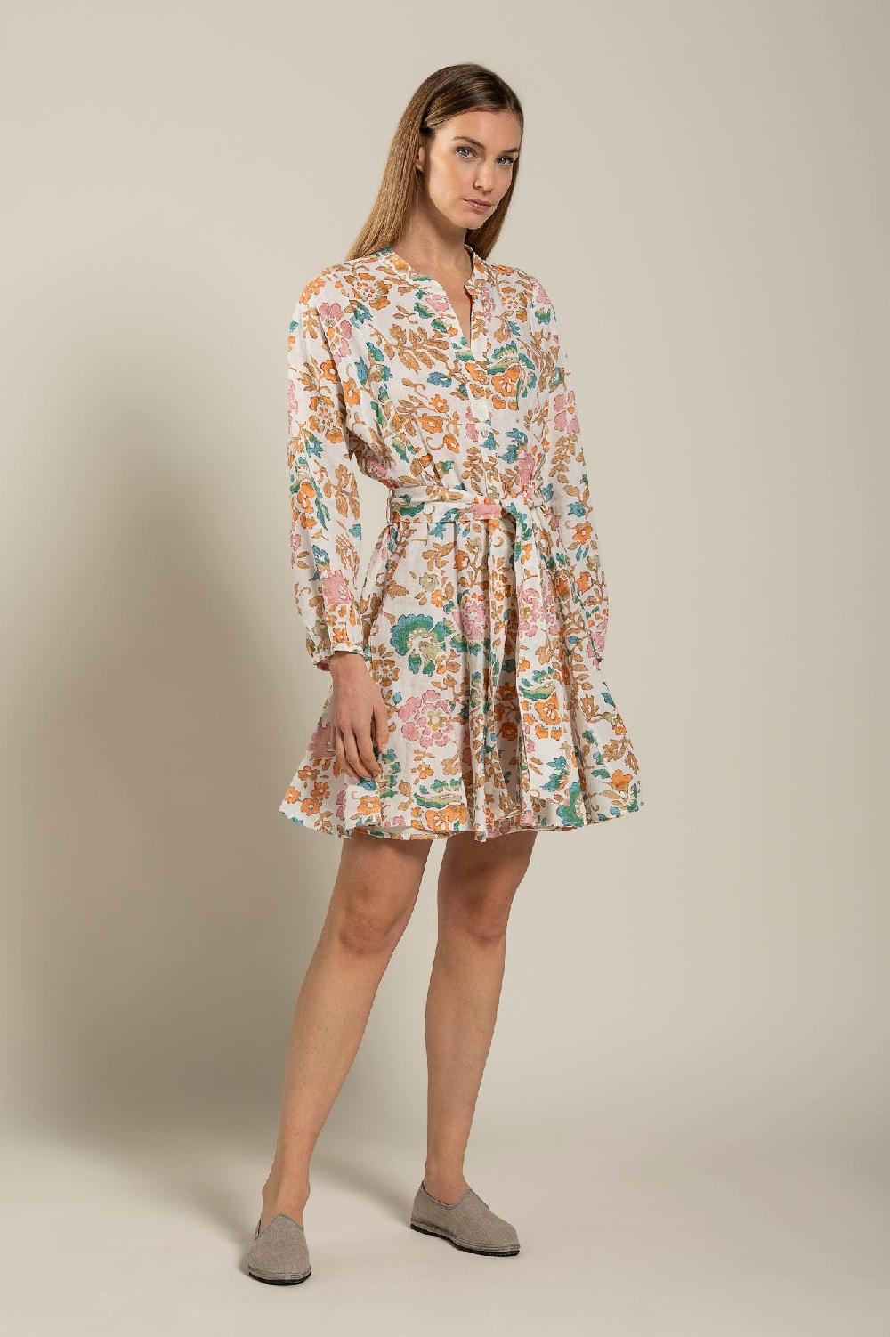 120% Lino Colorful Floral Patterned Dress With Belt Soddisfazione Garantita