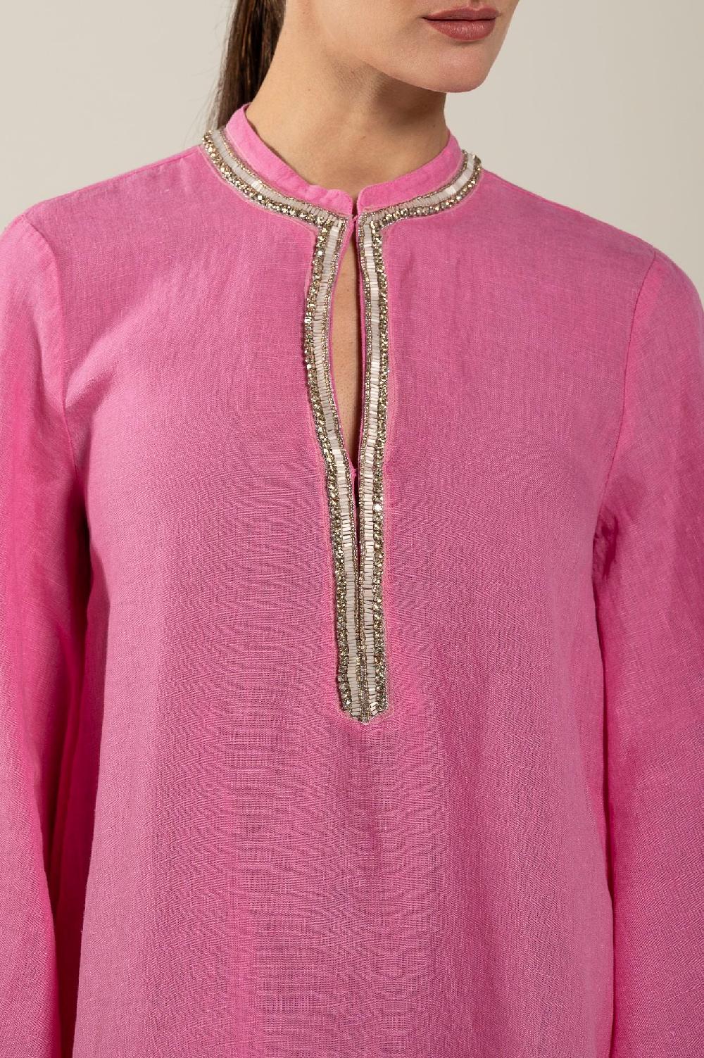 120% Lino Dress With Embellishment And Wide Sleeves Negozi Online