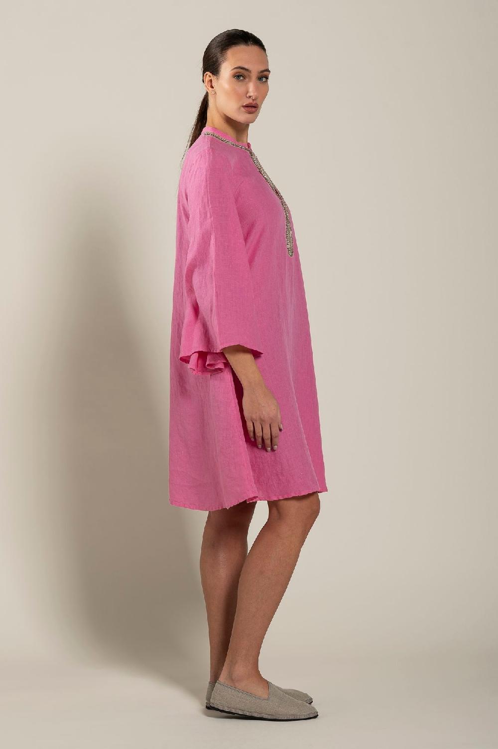 120% Lino Dress With Embellishment And Wide Sleeves Negozi Online