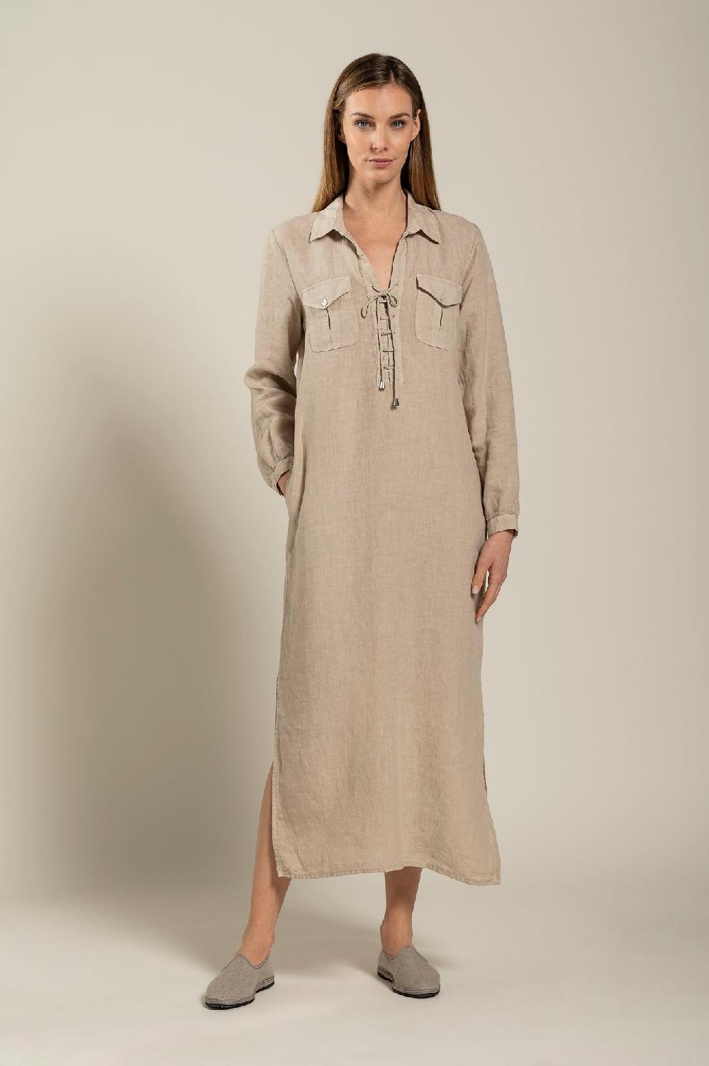 120% Lino Long Sleeve Dress With Pockets Shopping Online