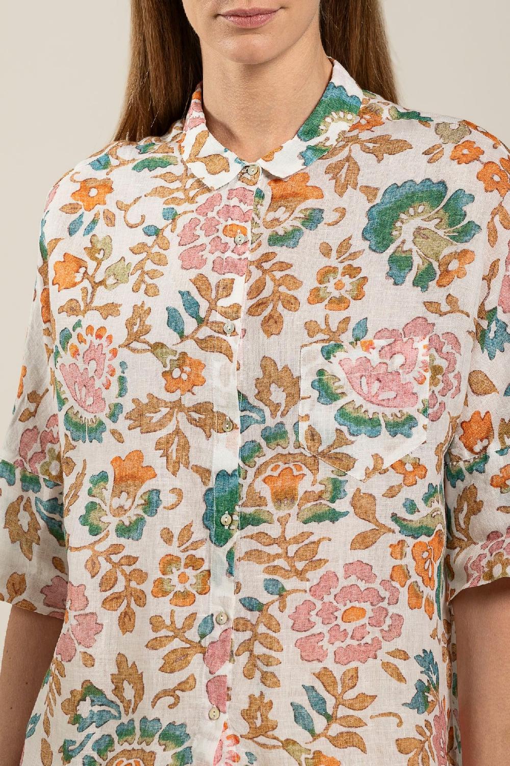 120% Lino Short Sleeve Woman Floral Pattern Shirt Offerta Pasqua