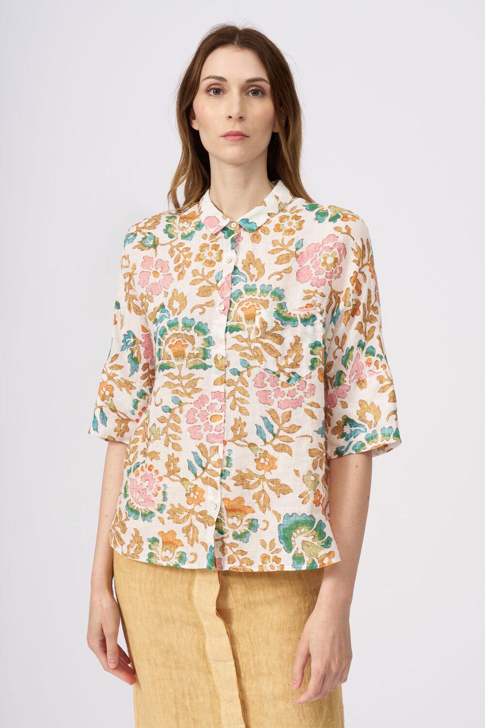 120% Lino Short Sleeve Woman Floral Pattern Shirt Offerta Pasqua