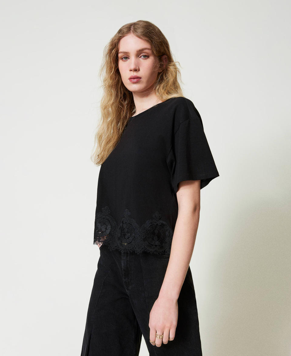 Twin Set T-shirt cropped con pizzo macramè Vendita Economica