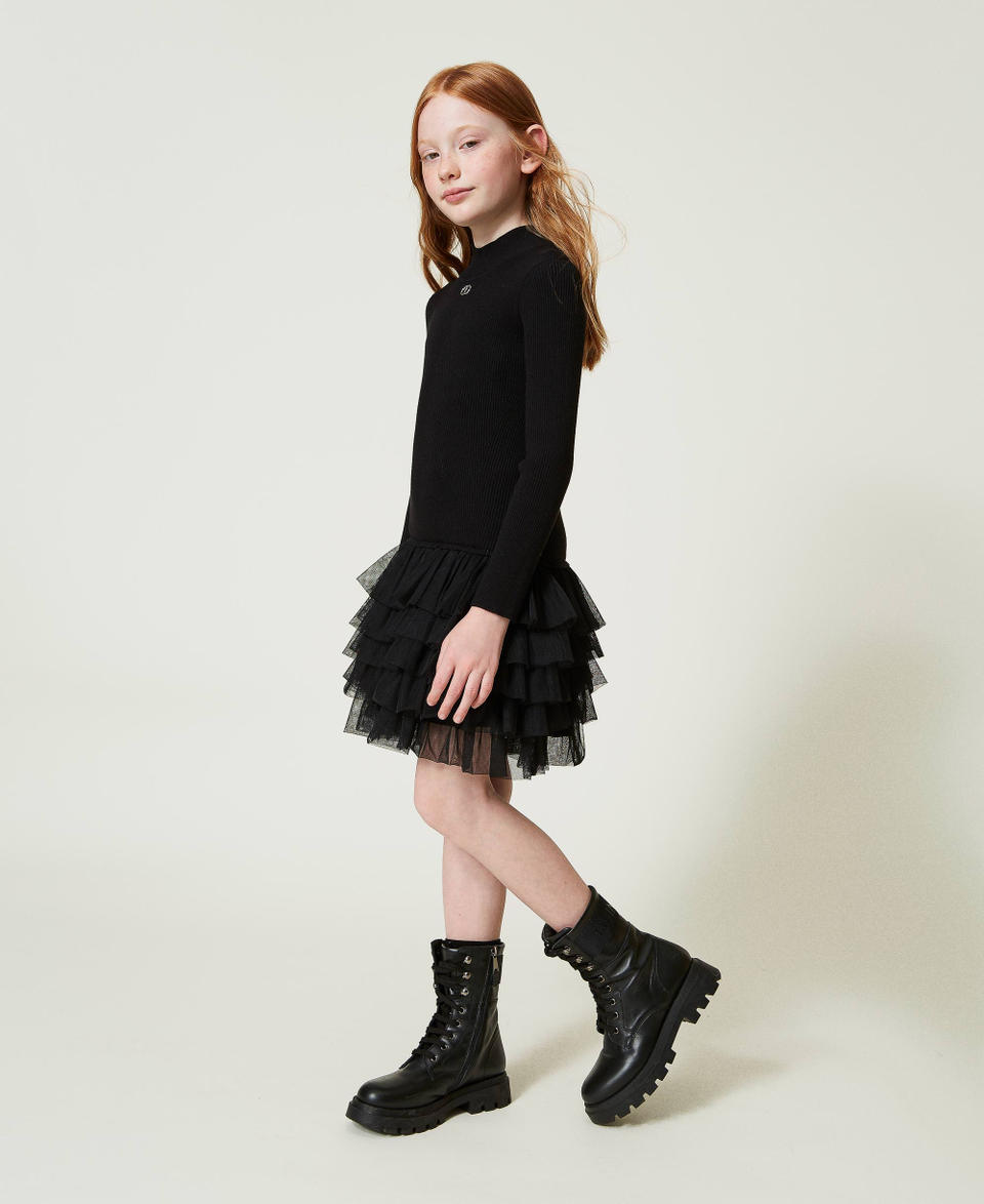 Twin Set Abito in maglia a costine con tulle Sconto