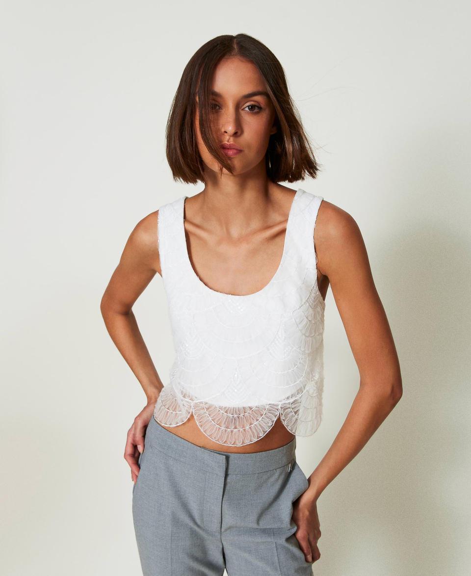 Twin Set Top in crêpe cady e organza ricamata Pezzi Unici